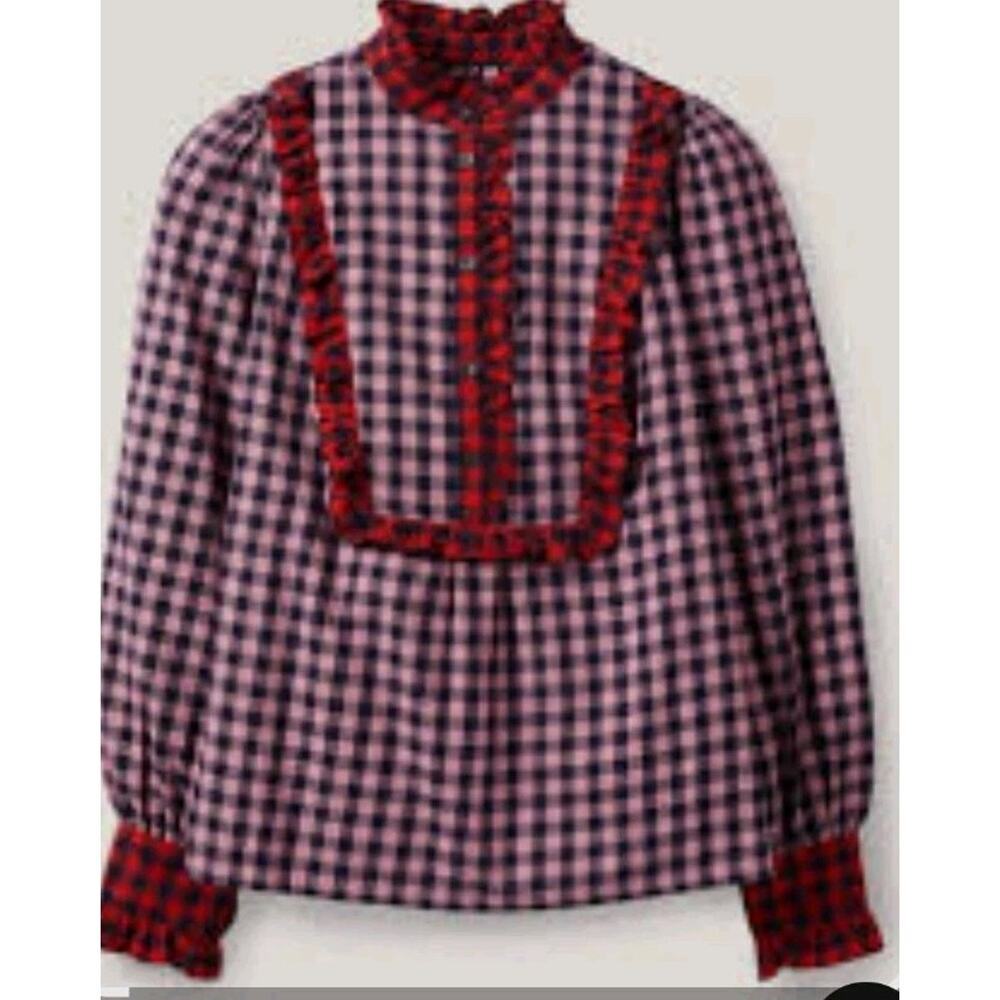 Boden Ruffle Top Isla Frill Long Sleeve Pink Red Plaid Color Block Half Button - Picture 2 of 9